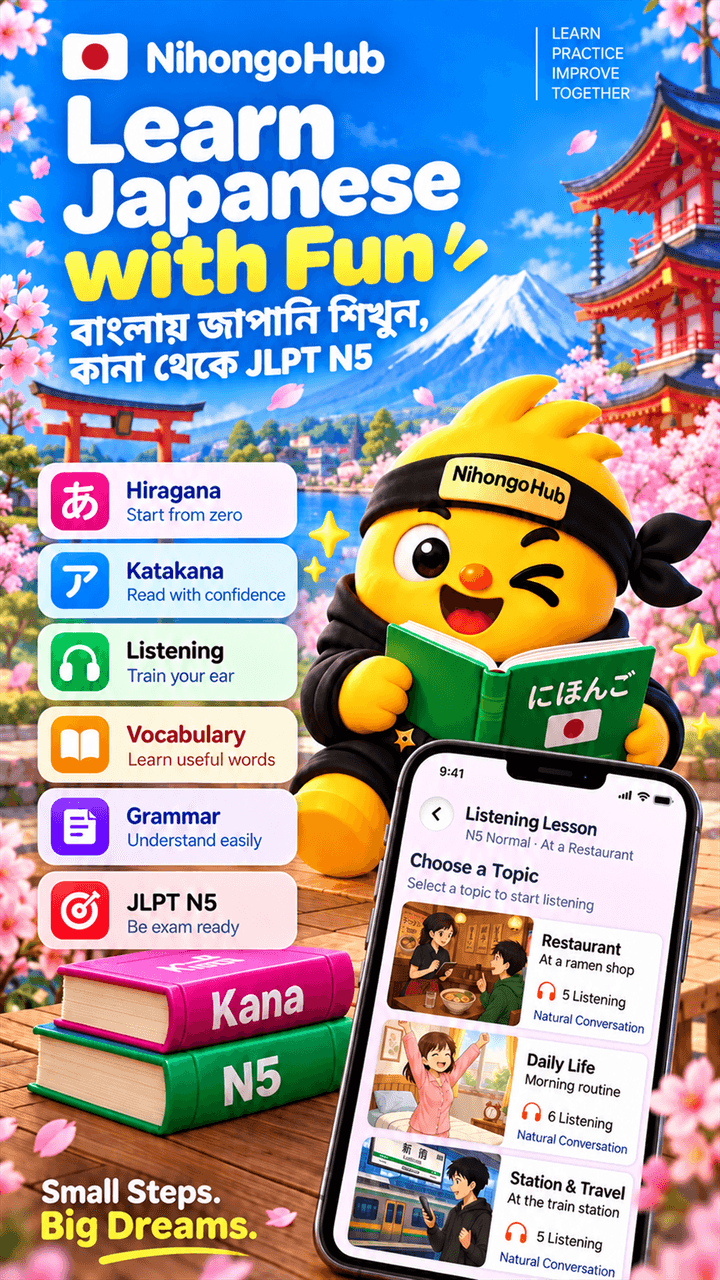 NihongoHub app poster: learn Japanese in Bangla, from kana to JLPT N5